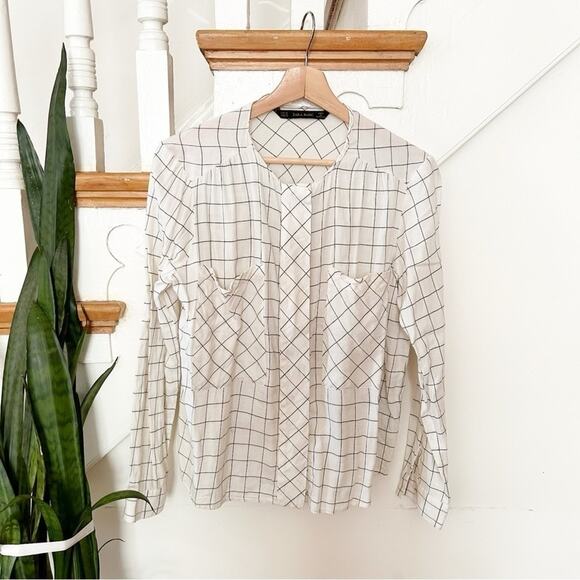 Zara Basic Button-Down Shirt White Black Windowpane Check Long Sleeve Size M - Picture 1 of 6